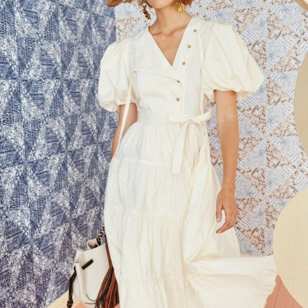 Ulla Johnson Cream Tiered Midi Dress with Puff Sleeves